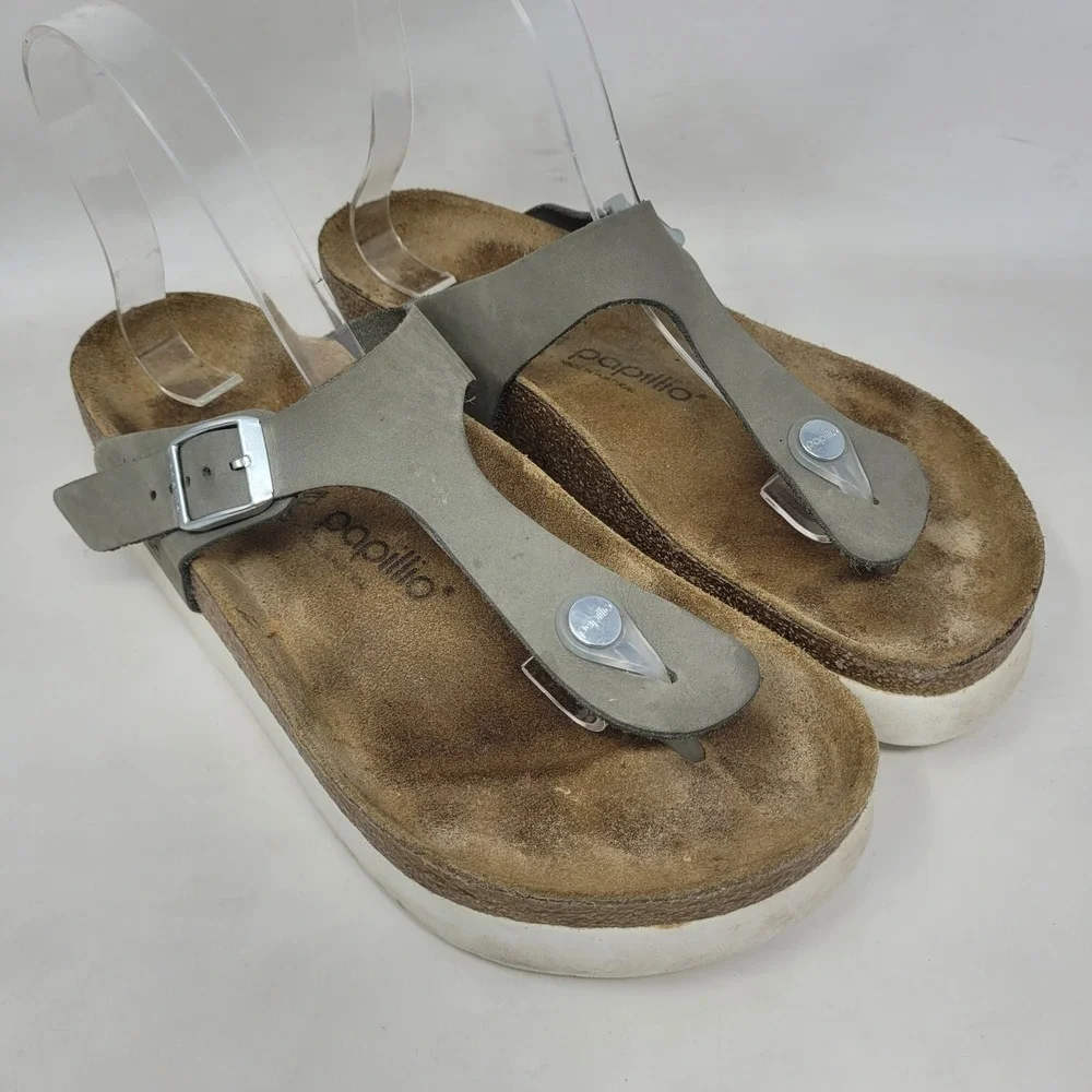 Papillio Birkenstock Gizeh Sandals EU39 US8 Grey Nubuck Platform Thong Comfort